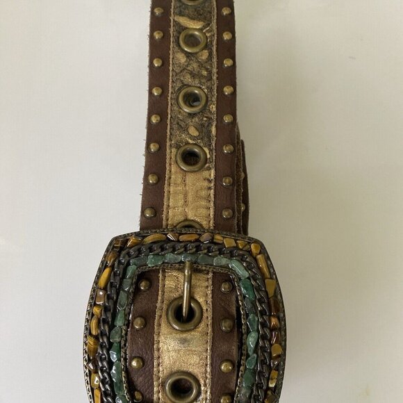 Handmade Brown Leather Statement Belt Semi Precious Stones Studs Up To Size 36 - Picture 13 of 16